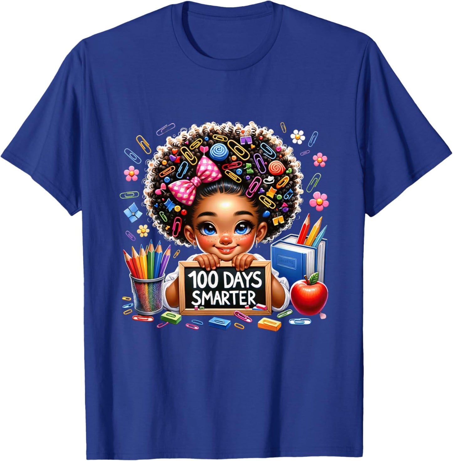 100 Days Smarter Afro Girls Messy Bun 100th Day Of School T-Shirt - T-Shirt | Royal