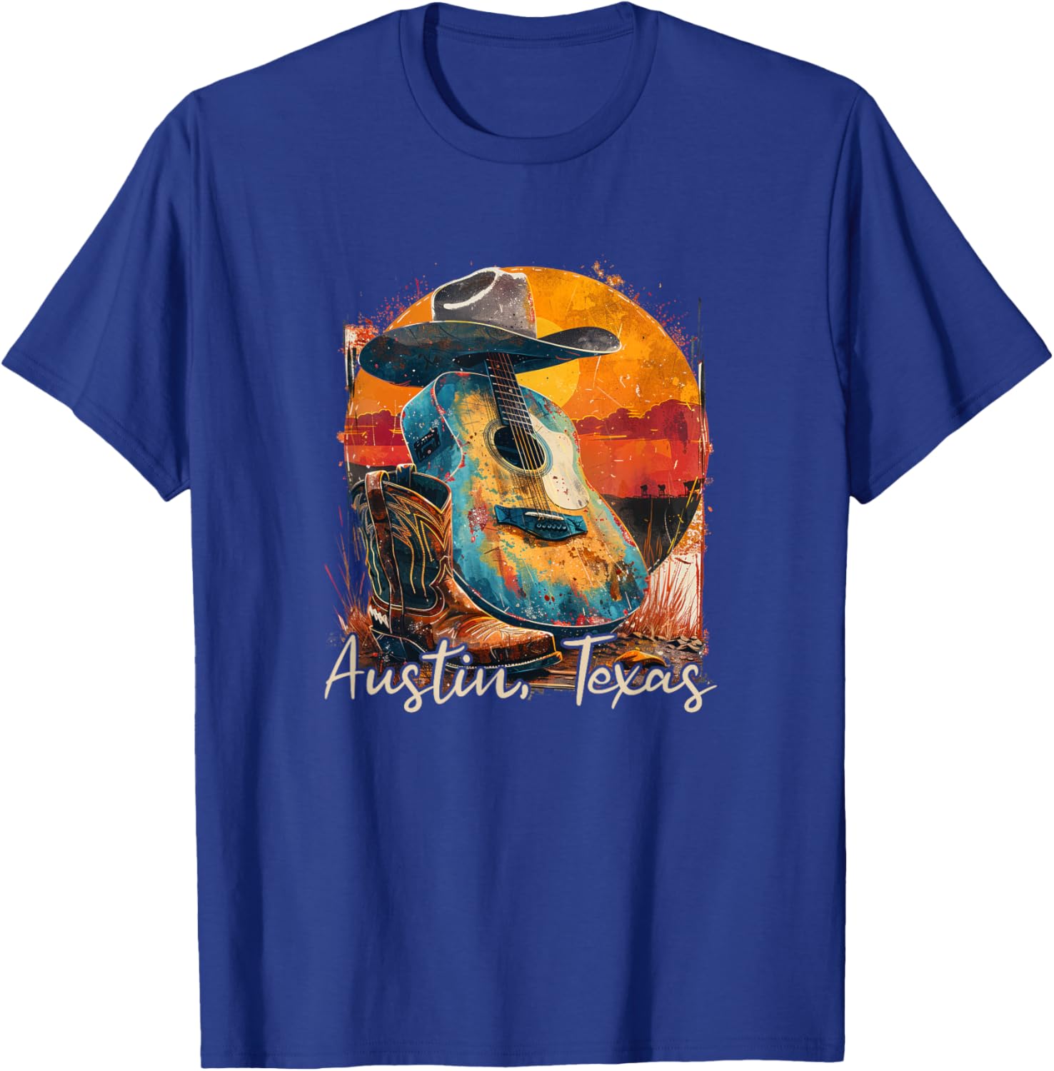 Austin Texas TX | Guitar Musician Cowboy T-Shirt - T-Shirt | Royal
