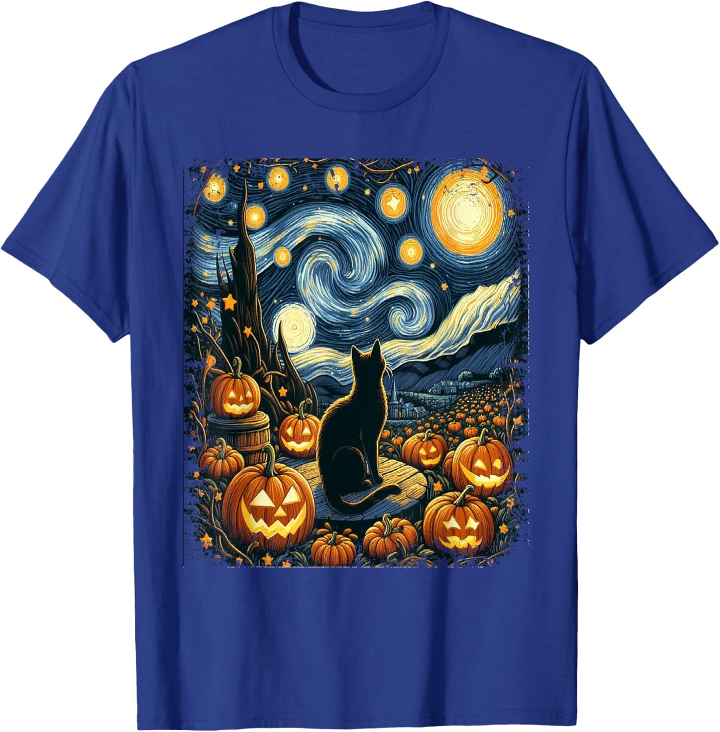 Halloween Van Gogh Starry Night Black Cat Pumpkins Men Women Kids T-Shirt - T-Shirt | Royal