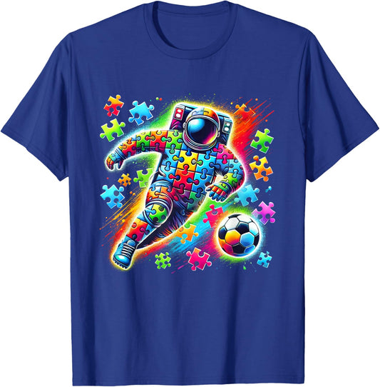 Astronaut Playing Soccer Ball Autism Awareness Kids Boys T-Shirt - T-Shirt | Royal