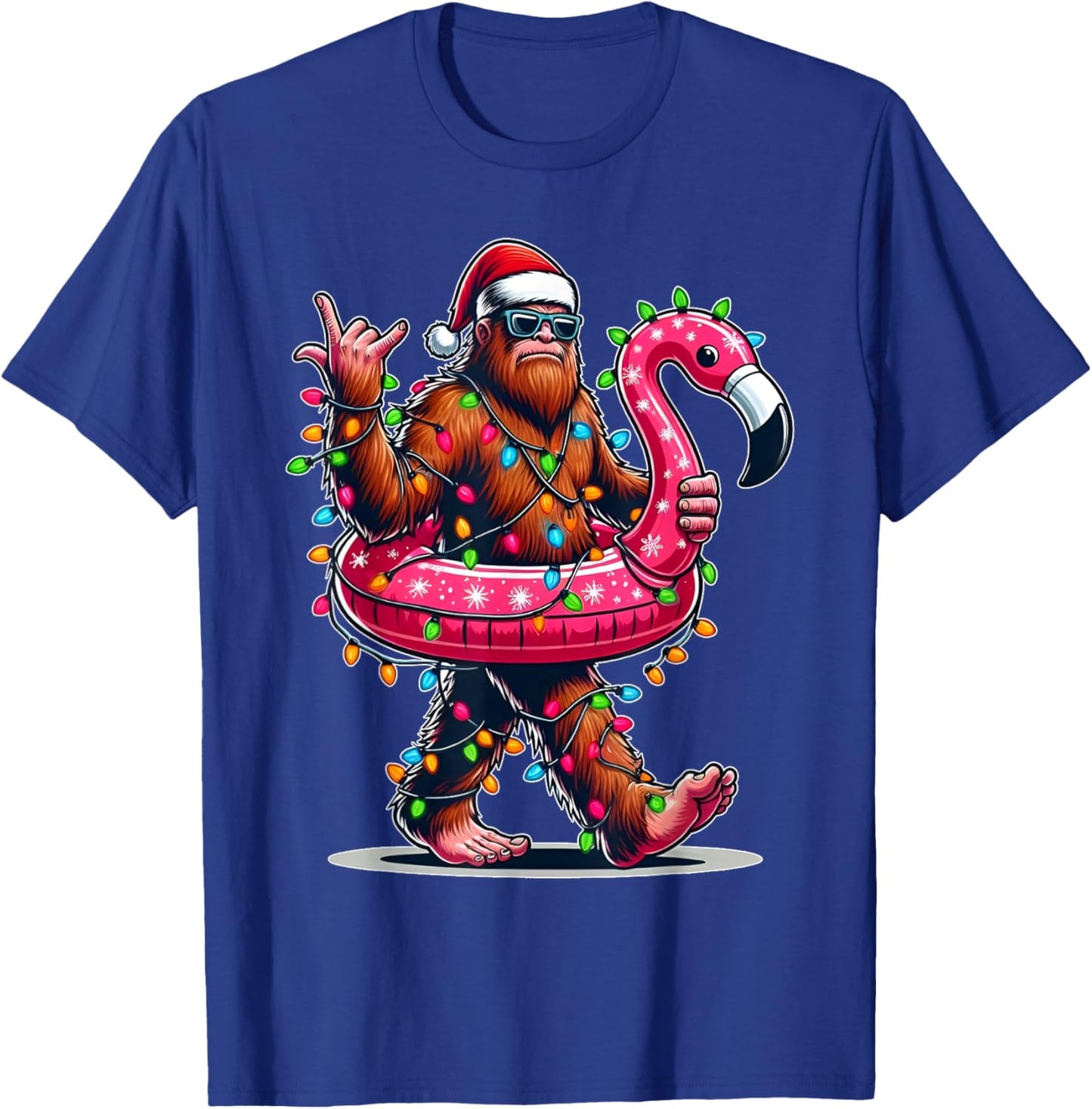 Santa Bigfoot Flamingo Christmas Light Funny Rock Sasquatch T-Shirt - T-Shirt | Royal