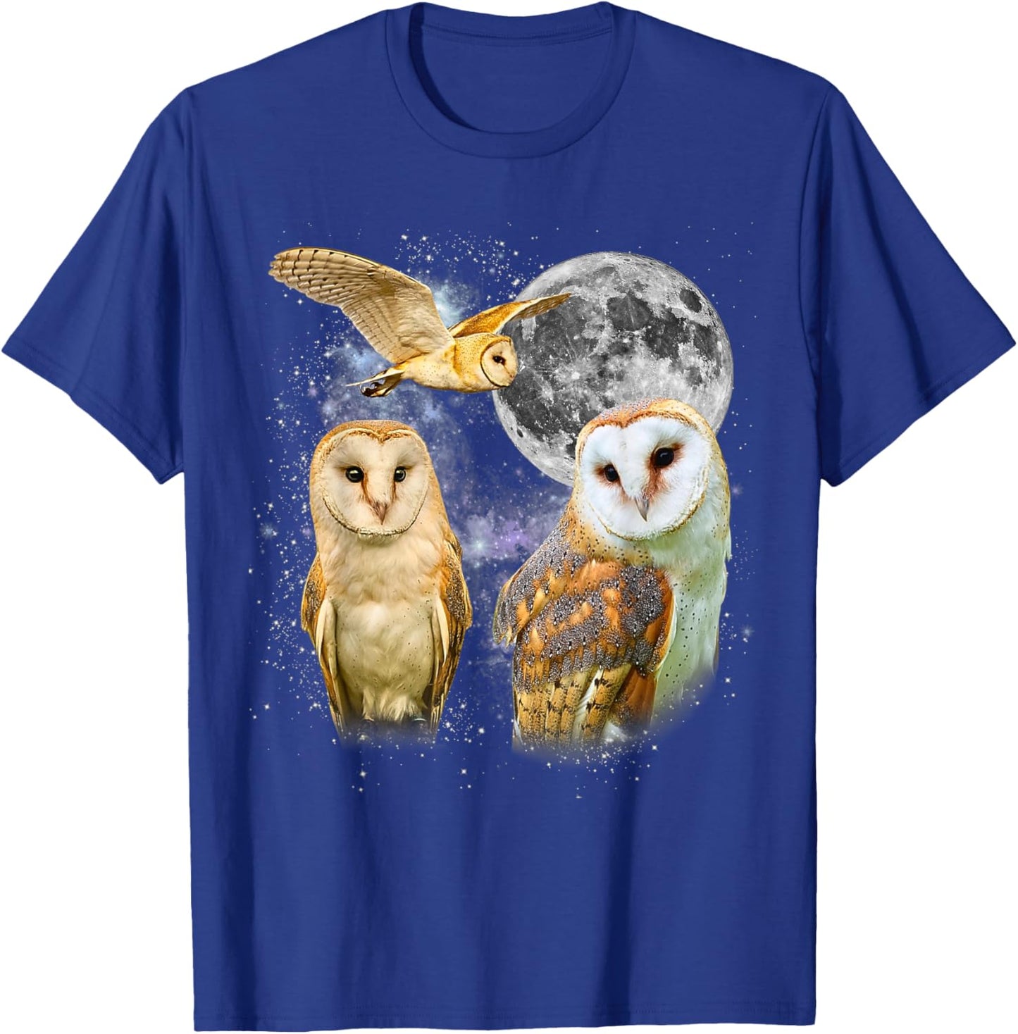 Three Barn Owl Moon Retro Graphic 90s Vintage T-Shirt - T-Shirt | Royal