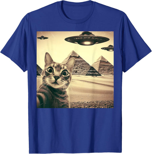 Cat Selfie With Alien UFO Funny Cat Gifts Women Kid T-Shirt - T-Shirt | Royal