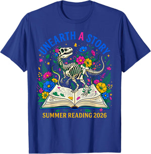 Unearth a Story Summer Library Reading 2026 Dino Skeleton T-Shirt - T-Shirt | Royal