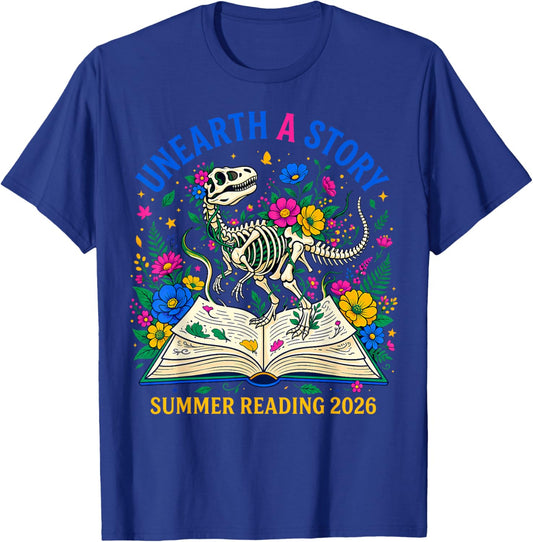 Unearth a Story Summer Library Reading 2026 Dino Skeleton T-Shirt - T-Shirt | Royal