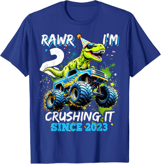 2nd Birthday Monster Truck Dinosaur Party Boys Rawr I'm 2 T-Shirt - T-Shirt | Royal