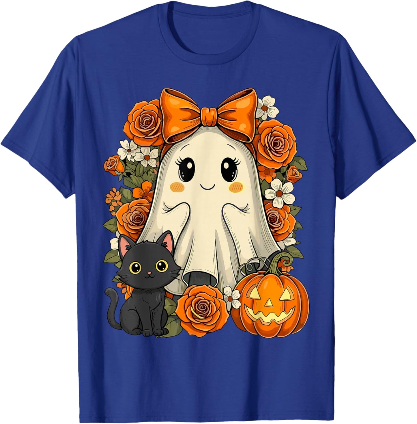 Kawaii Ghost Cat Pumpkin Floral Halloween T-Shirt - T-Shirt | Royal