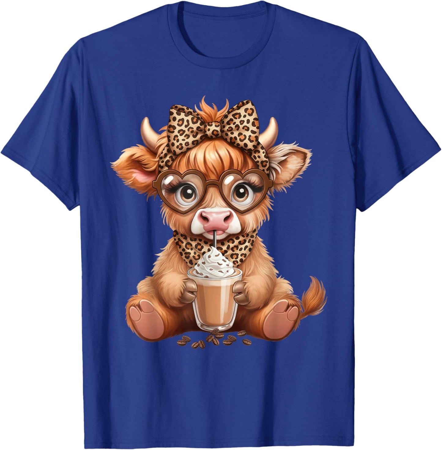Cute Highland Cow Coffee Latte Lover Leopard Bow Glasses T-Shirt - T-Shirt | Royal