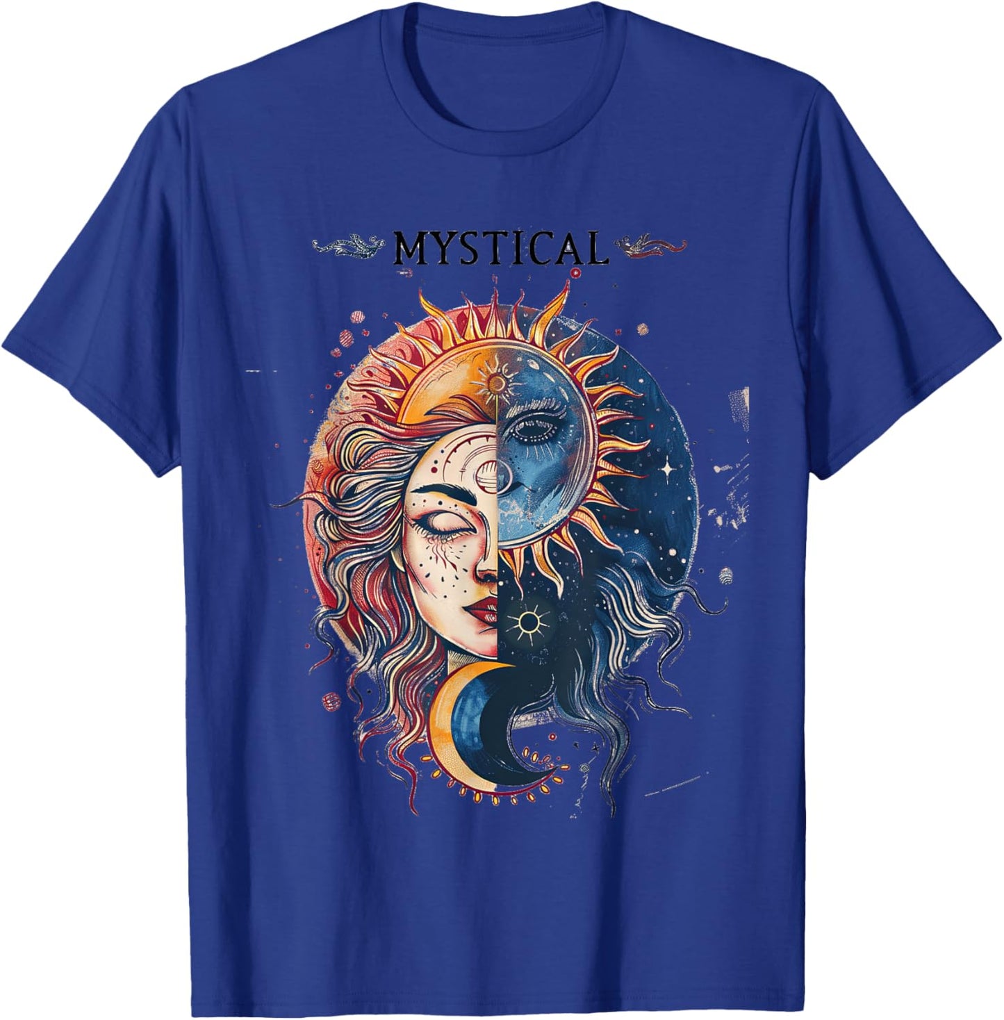 Mystical Sun and Moon Woman Mystic Flowers Aesthetic T-Shirt - T-Shirt | Royal