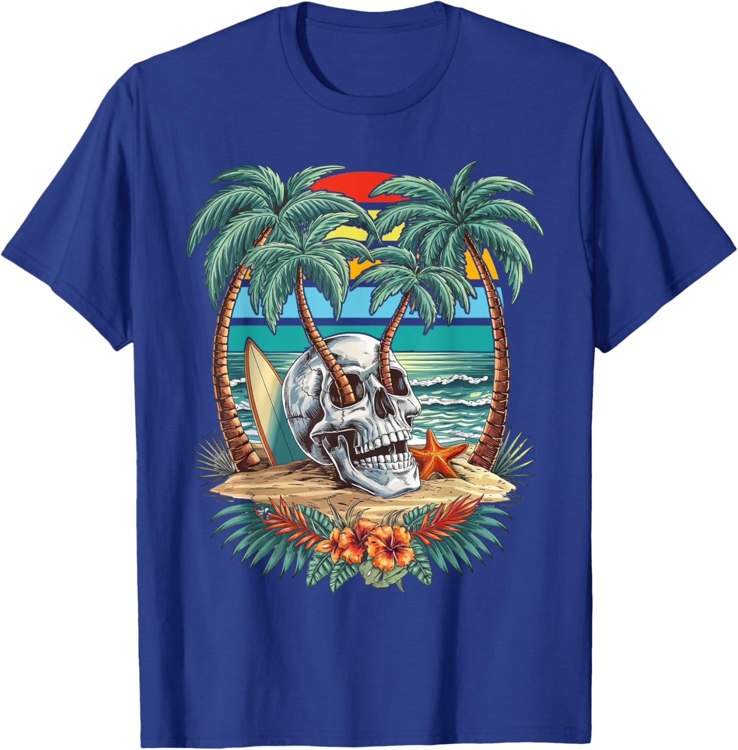 Vintage Palm Tree Skull Summer Beach Men Motorcycle Tattoo T-Shirt - T-Shirt | Royal