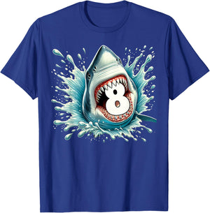 Funny 8th Birthday Eight Years Old Bday Shark Lover T-Shirt - T-Shirt | Royal