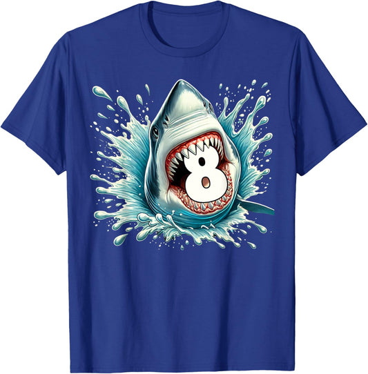 Funny 8th Birthday Eight Years Old Bday Shark Lover T-Shirt - T-Shirt | Royal