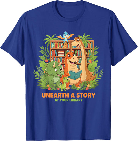 Unearth A Story Dinosaur Library Reading Kids Design T-Shirt - T-Shirt | Royal