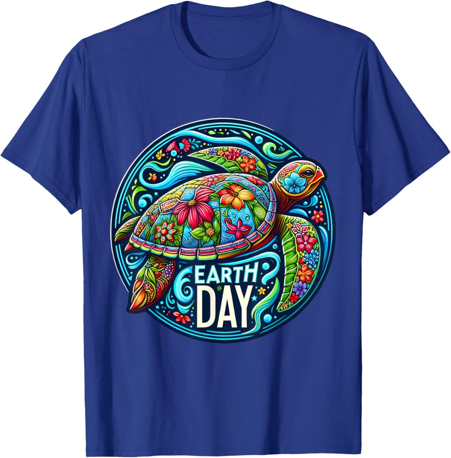 Floral Sea Turtle Earth Day Planet Art Animal Lover Artistic T-Shirt - T-Shirt | Royal