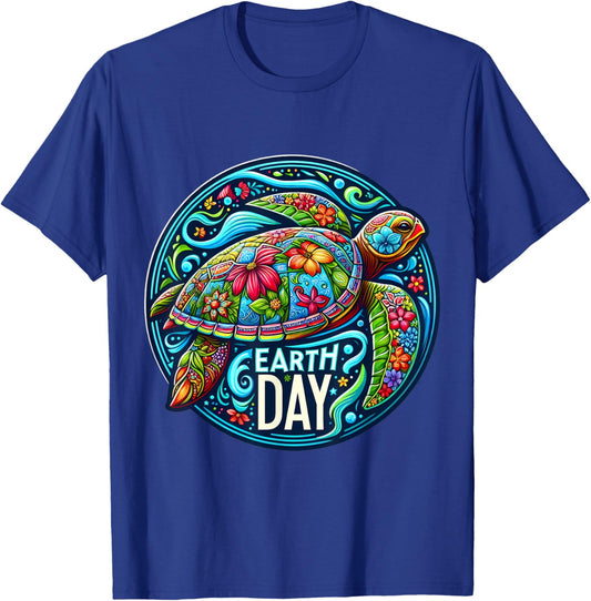 Floral Sea Turtle Earth Day Planet Art Animal Lover Artistic T-Shirt - T-Shirt | Royal
