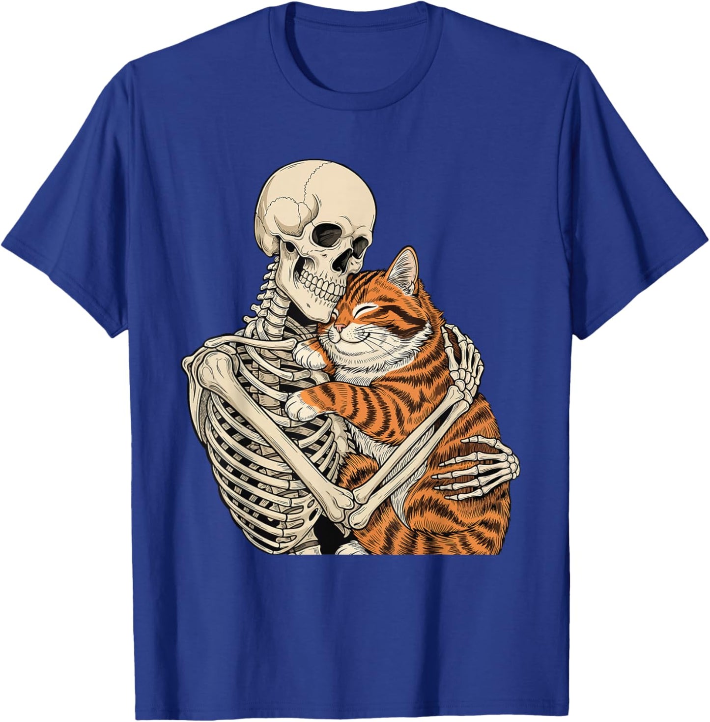 Skeleton Hugging Cat - Spooky Halloween Cat Lover Kitty T-Shirt - T-Shirt | Royal