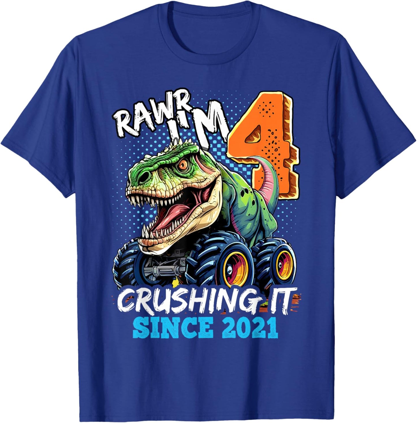 4th Birthday Monster Truck Dinosaur Party Boys Rawr I'm 4 T-Shirt - T-Shirt | Royal