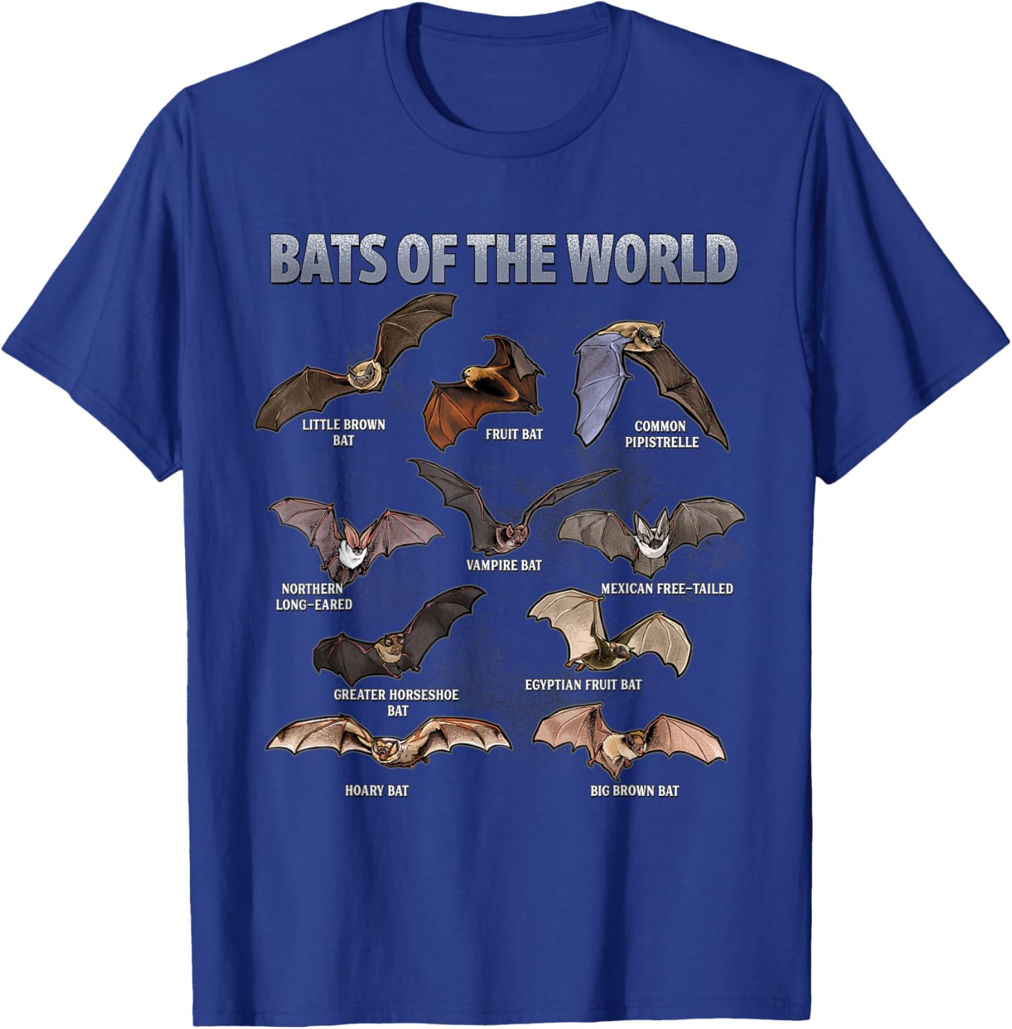 Bats of the World Educational Bat Species Chart T-Shirt - T-Shirt | Royal