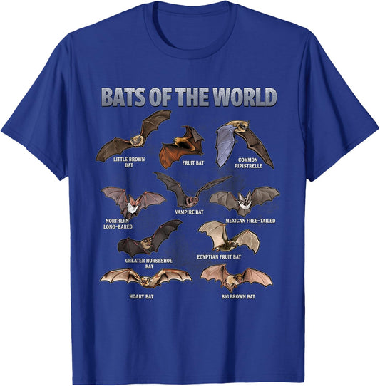 Bats of the World Educational Bat Species Chart T-Shirt - T-Shirt | Royal