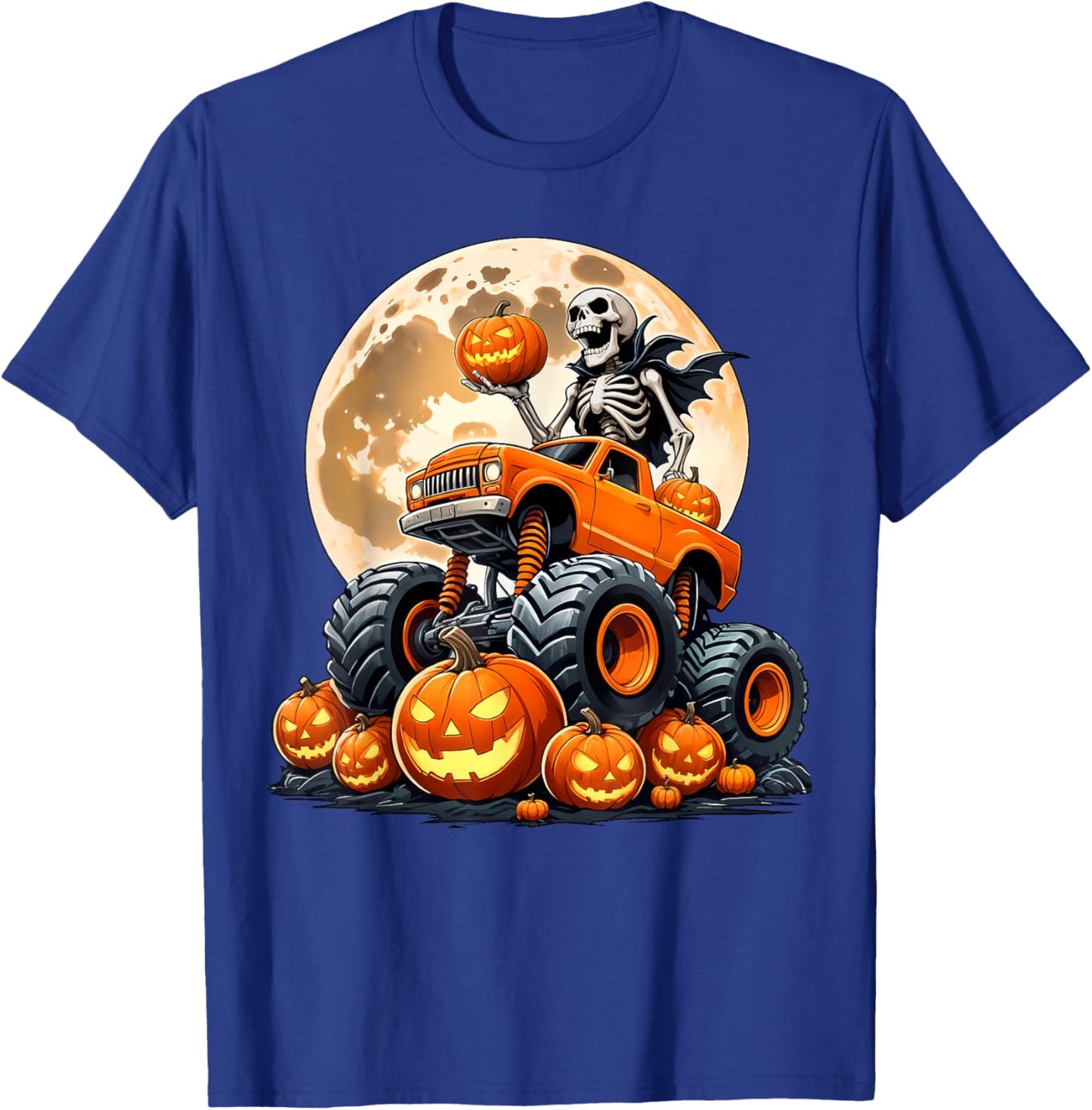 Skeleton Riding Monster Truck Halloween Pumpkin Kids Toddler T-Shirt - T-Shirt | Royal