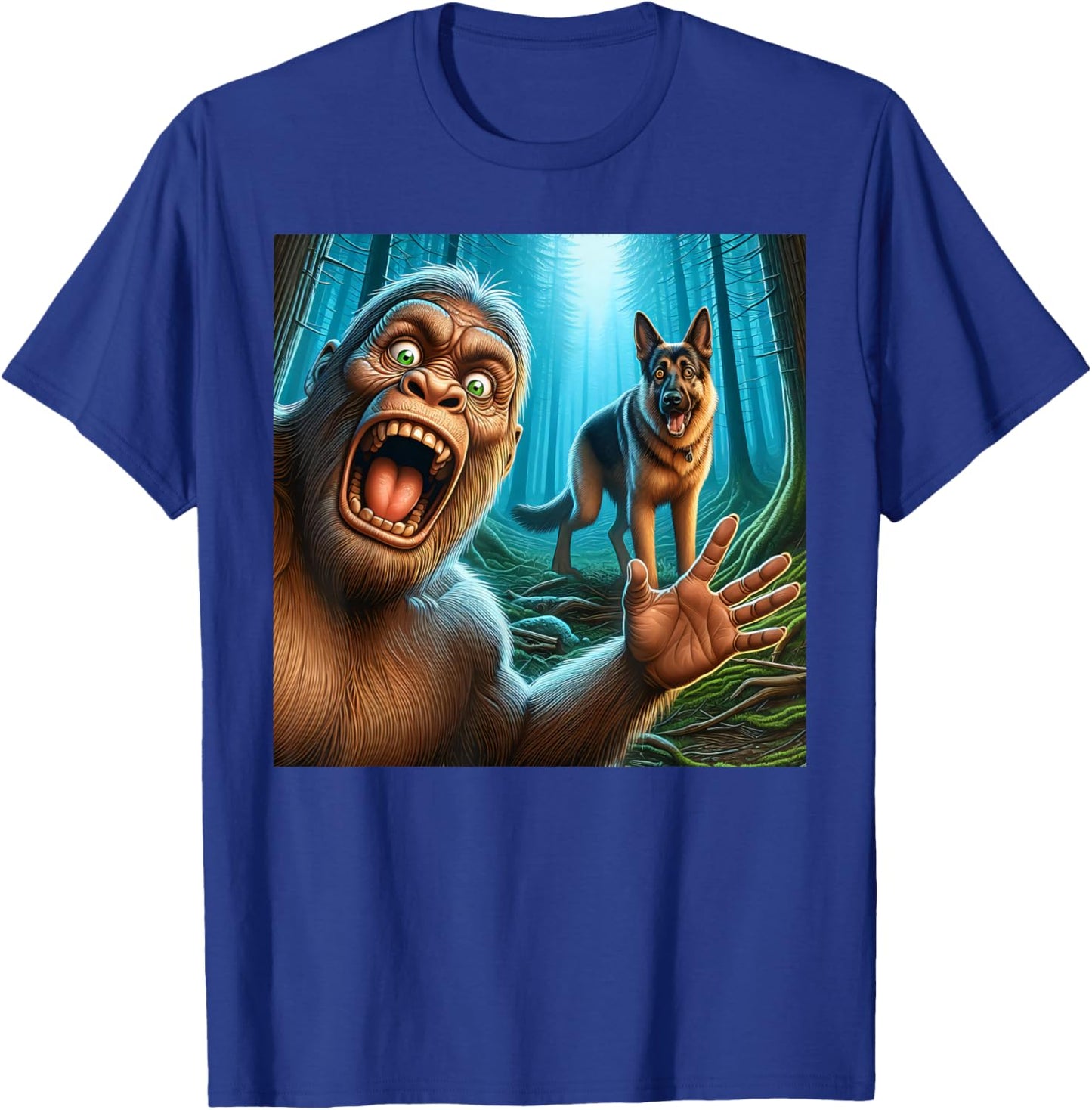 Bigfoot selfie with German shepherd surprised sasquatch T-Shirt - T-Shirt | Royal
