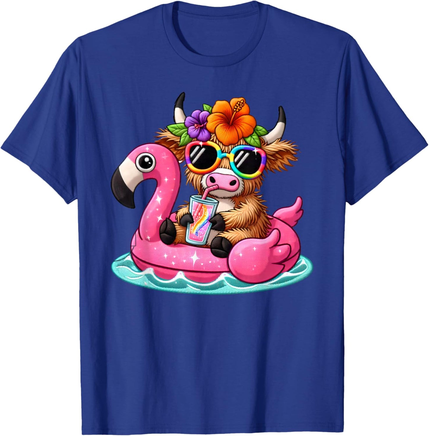 Highland Cow Flamingo Pool Float Summer Hawaii Beach Family T-Shirt - T-Shirt | Royal