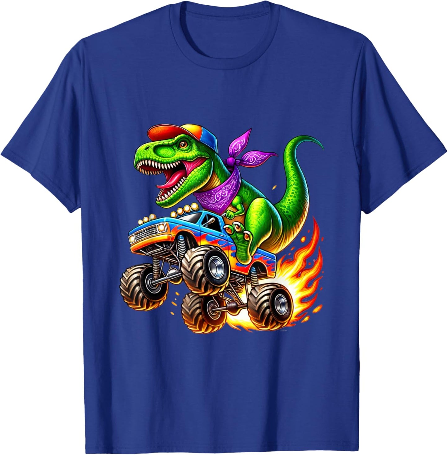 Adventurous Dinosaur On Monster Truck T-Shirt - T-Shirt | Royal