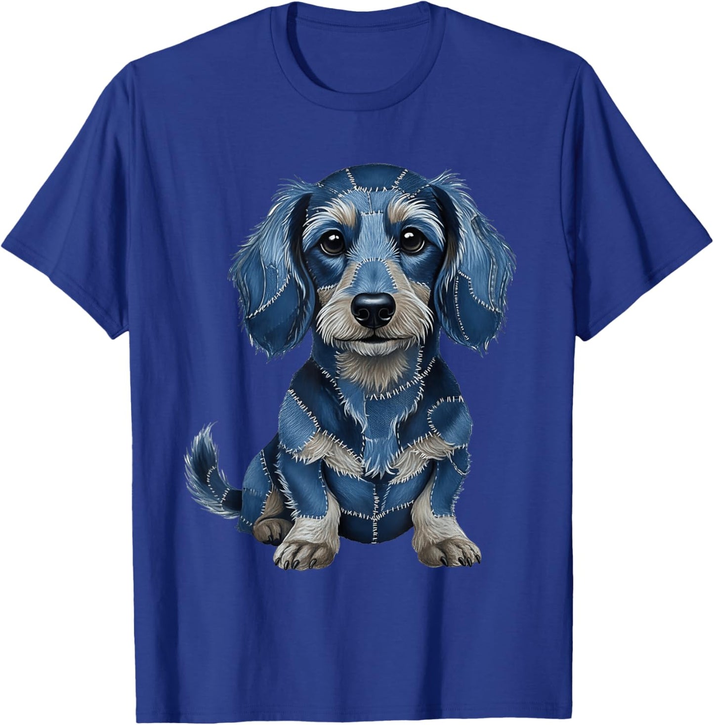 Funny Longhaired Dachshund Dog Blue Denim Patchwork Pattern T-Shirt - T-Shirt | Royal