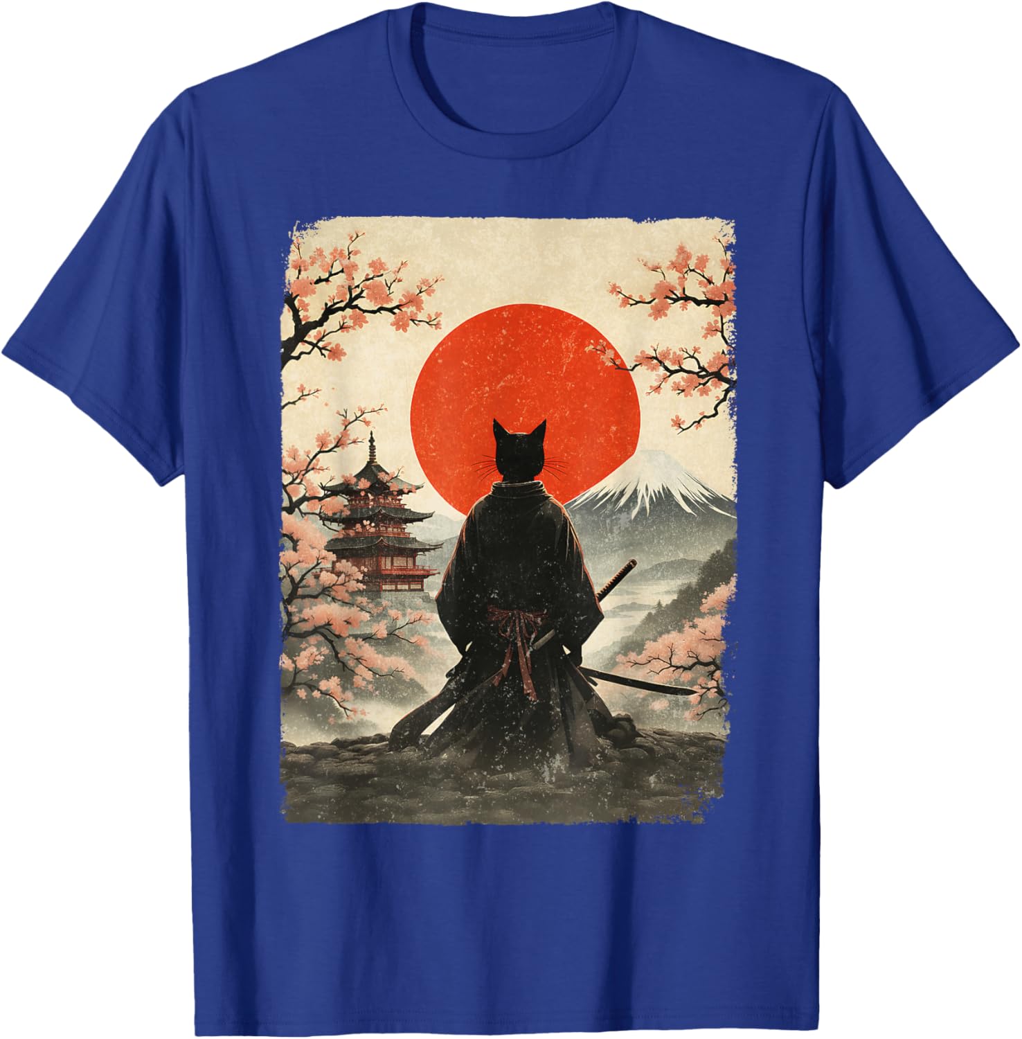 Samurai Cat Warrior Fuji Mount Vintage Japanese Art Graphic T-Shirt - T-Shirt | Royal