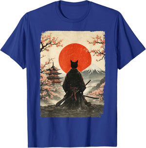 Samurai Cat Warrior Fuji Mount Vintage Japanese Art Graphic T-Shirt - T-Shirt | Royal