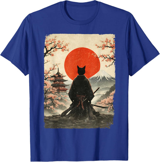 Samurai Cat Warrior Fuji Mount Vintage Japanese Art Graphic T-Shirt - T-Shirt | Royal