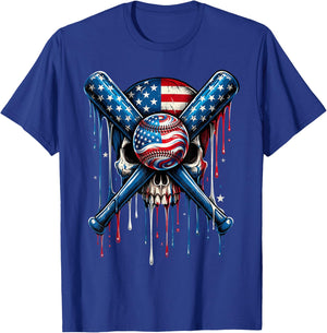 American Flag Baseball Drip Dripping Baseball Skull T-Shirt - T-Shirt | Royal