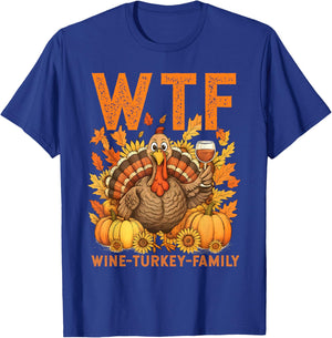 WTF Wine Turkey Family Pumpkin Leaves Autumn Thanksgiving T-Shirt - T-Shirt | Royal