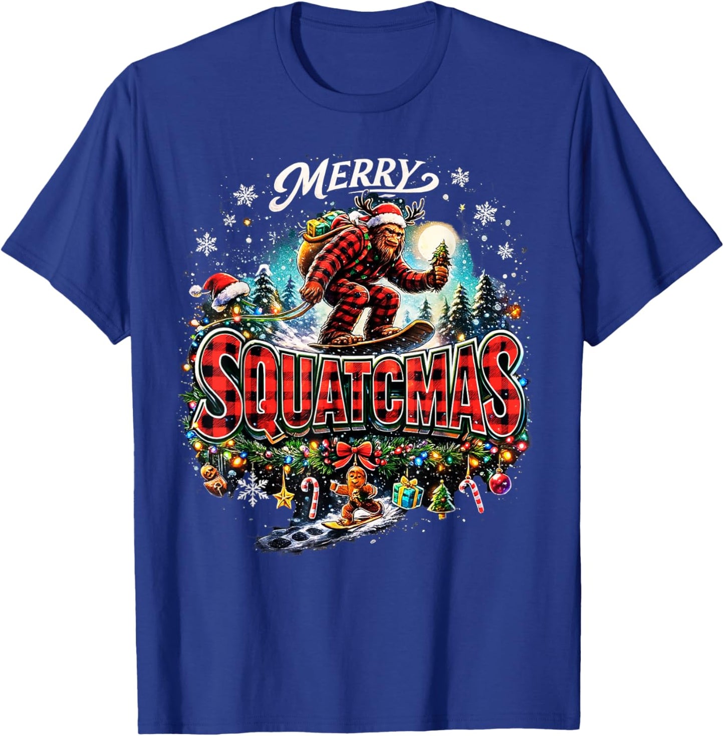 Merry Christmas Squatchmas Funny Bigfoot Snowboarding Lover T-Shirt - T-Shirt | Royal