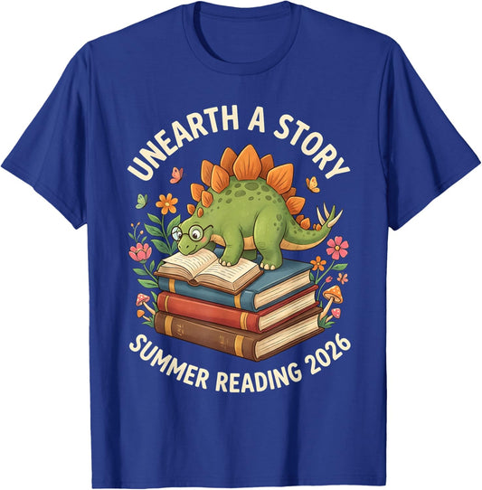 Unreath a Story Summer Library Reading 2026 Dinosaur Book T-Shirt - T-Shirt | Royal
