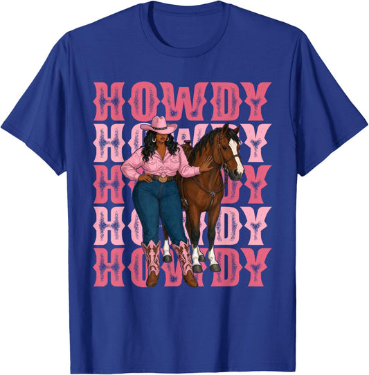 Howdy Cowgirl Western Rodeo Black Woman with Horse T-Shirt - T-Shirt | Royal