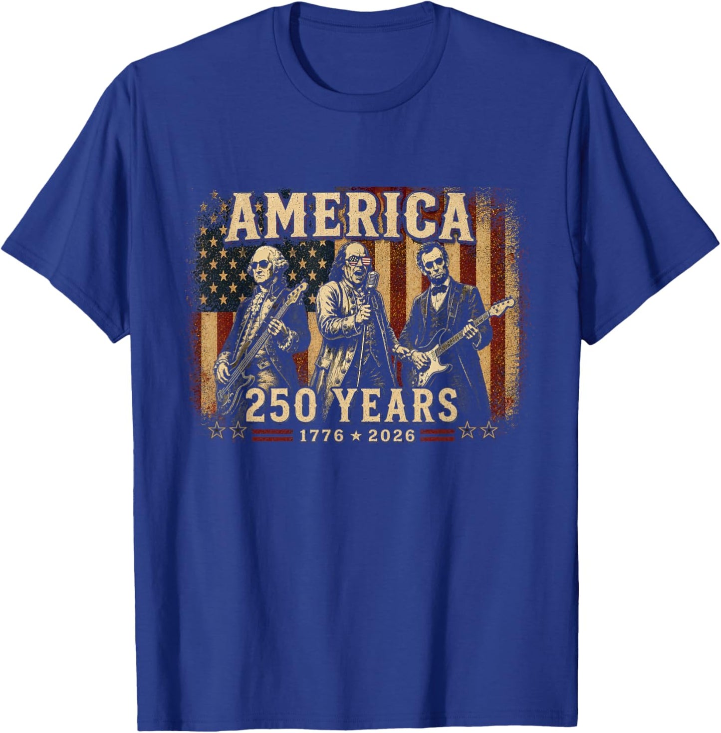 Washington Franklin Lincoln Playing Guitar 4th July 250 Year T-Shirt - T-Shirt | Royal
