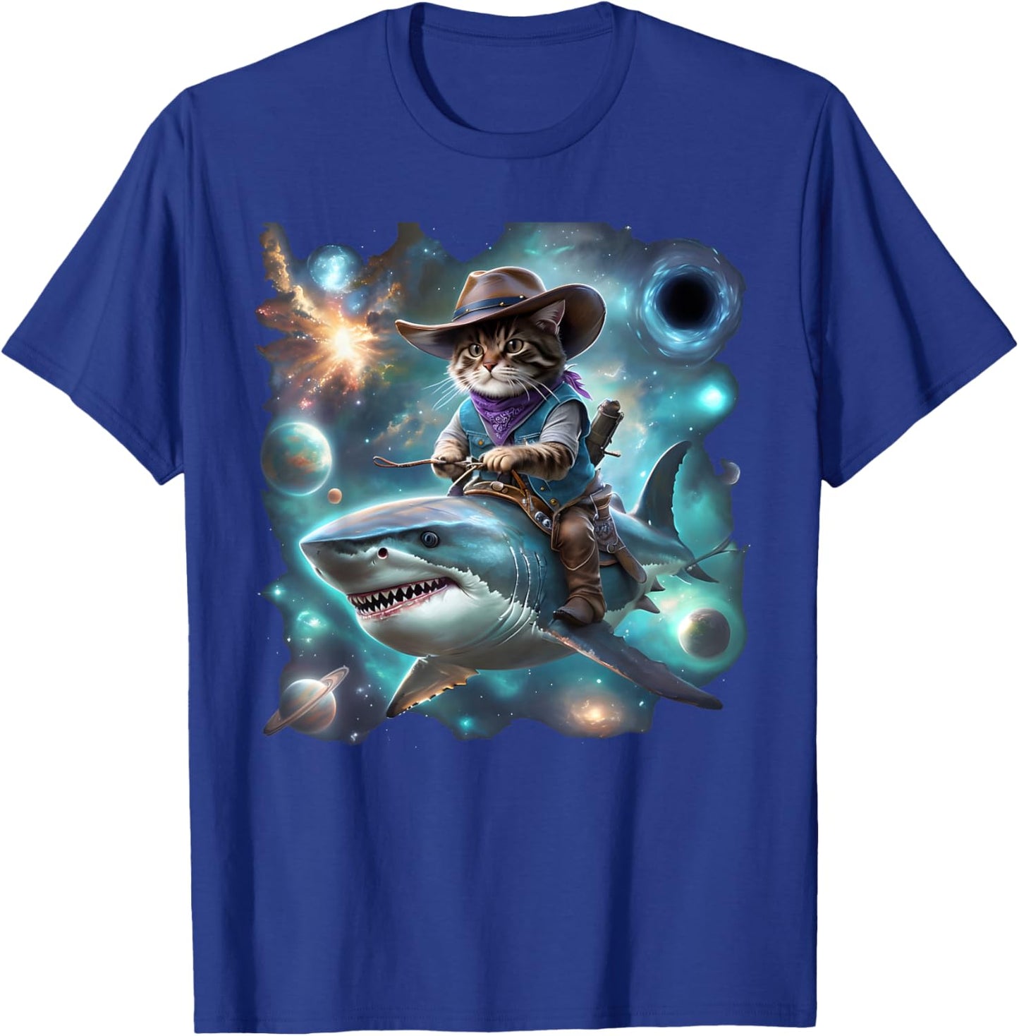 Cat Riding Shark Rainbow Galaxy Cat Cowboy Shark Humor T-Shirt - T-Shirt | Royal