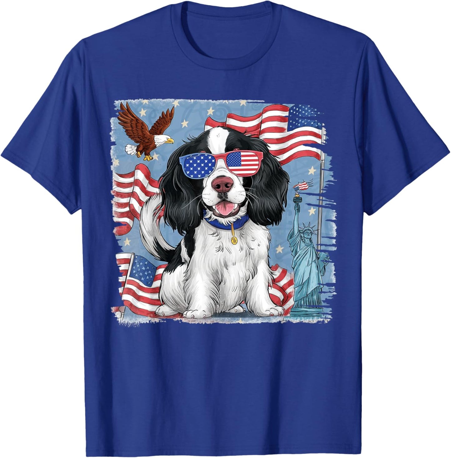 English Springer Spaniel Dog with American Flag 4th of July Women Kids Men T-Shirt - T-Shirt | Royal