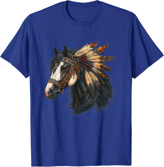 Native American - Chief Headdress Horse Colored Indian T-Shirt - T-Shirt | Royal