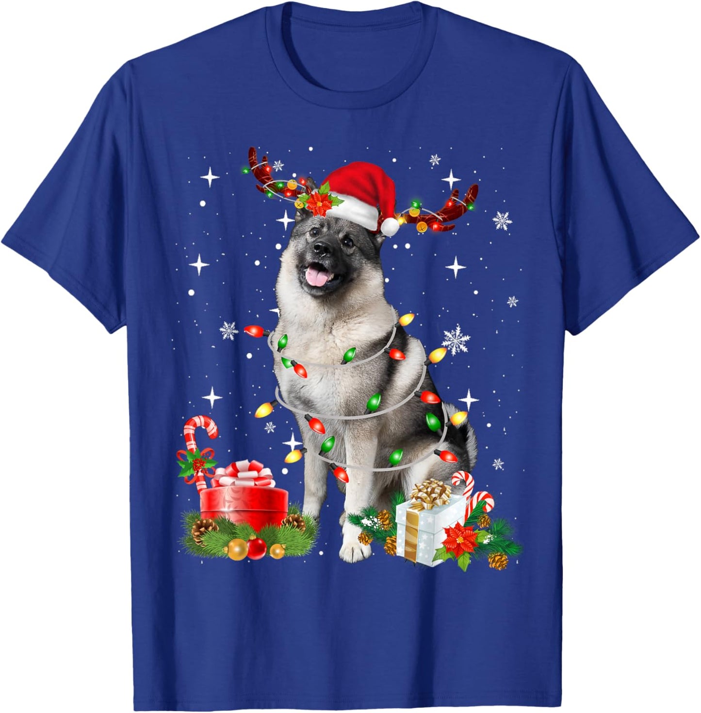 Funny Norwegian Elkhound Santa Hat Christmas Lights Pajama T-Shirt - T-Shirt | Royal