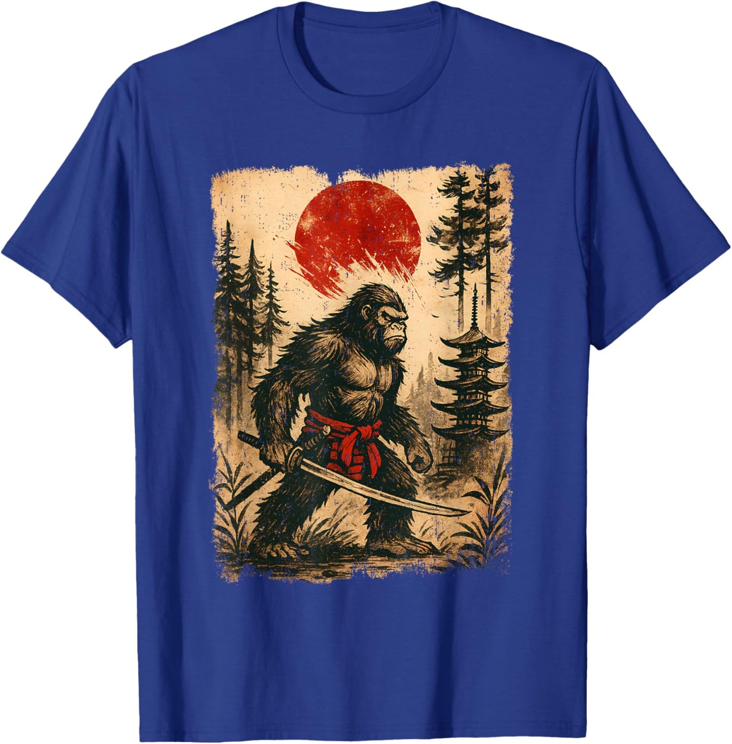 Funny Samurai Bigfoot Japanese Vintage Sasquatch Ukiyo-e T-Shirt - T-Shirt | Royal