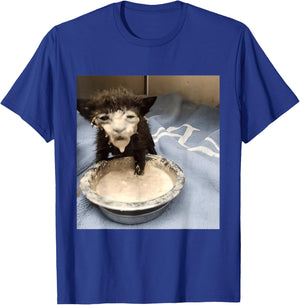 Funny Cat Drinking Milk Meme Whimsical Black Cat Brainrot T-Shirt - T-Shirt | Royal