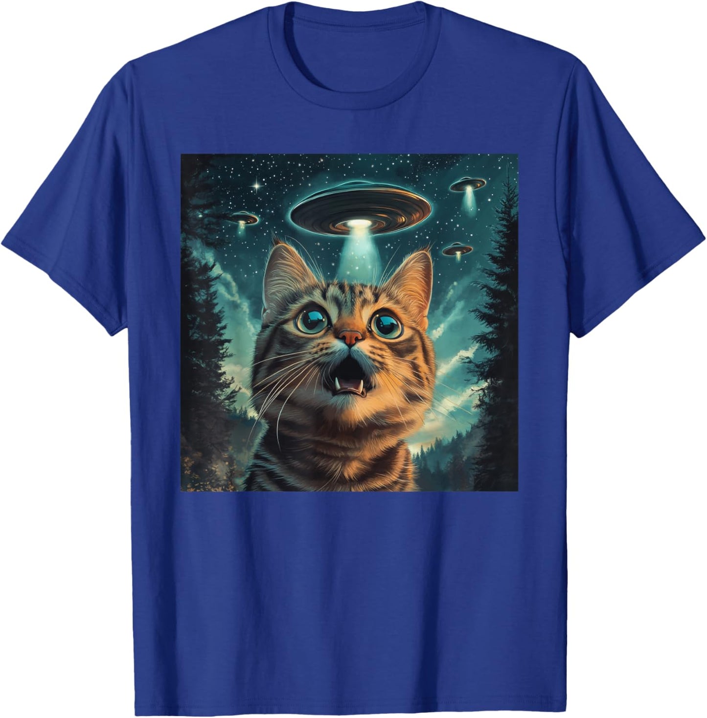 Cat Selfie With Alien UFO Funny Cat Men Women Kids T-Shirt - T-Shirt | Royal