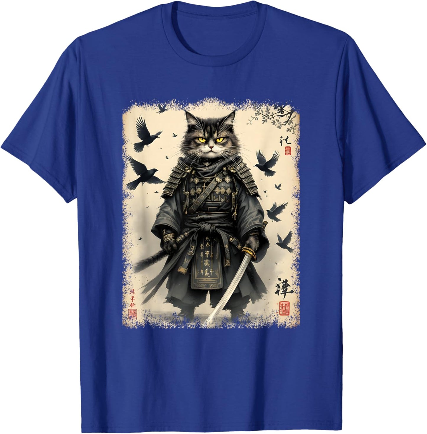 Samurai Cat, Japanese Warrior | Vintage Anime & Samurai Art T-Shirt - T-Shirt | Royal