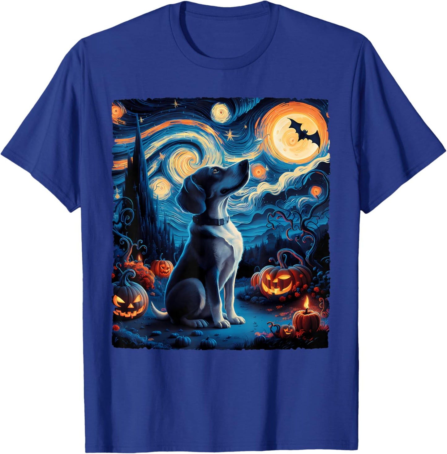 Van Gogh' Starry Night Dog Pumpkins Bats Funny Halloween Women Kids T-Shirt - T-Shirt | Royal