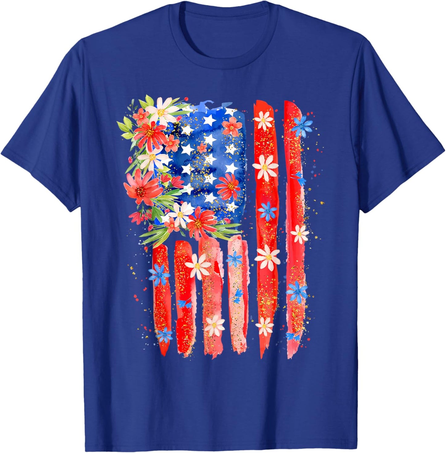 Flower Brushstroke US Flag 4th Of July Patriotic Graphic T-Shirt - T-Shirt | Royal