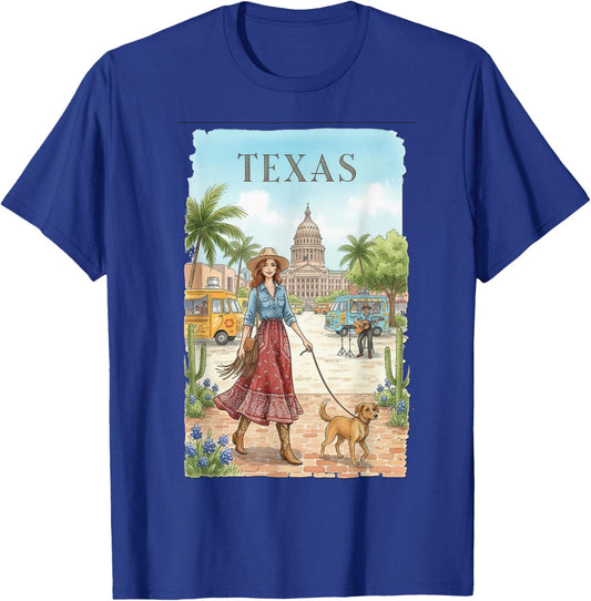 Texas Travel Art – Cowgirl with Dog in Austin City Scene T-Shirt - T-Shirt | Royal