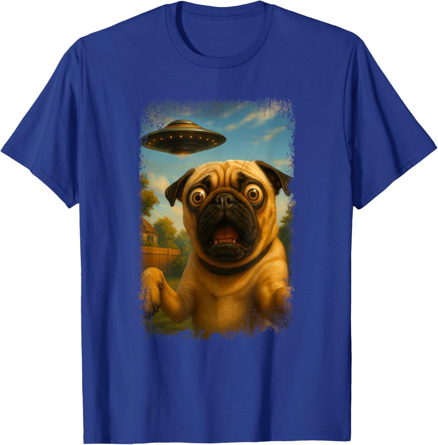 Distressed Pug UFO Selfie with Alien Humor T-Shirt - T-Shirt | Royal