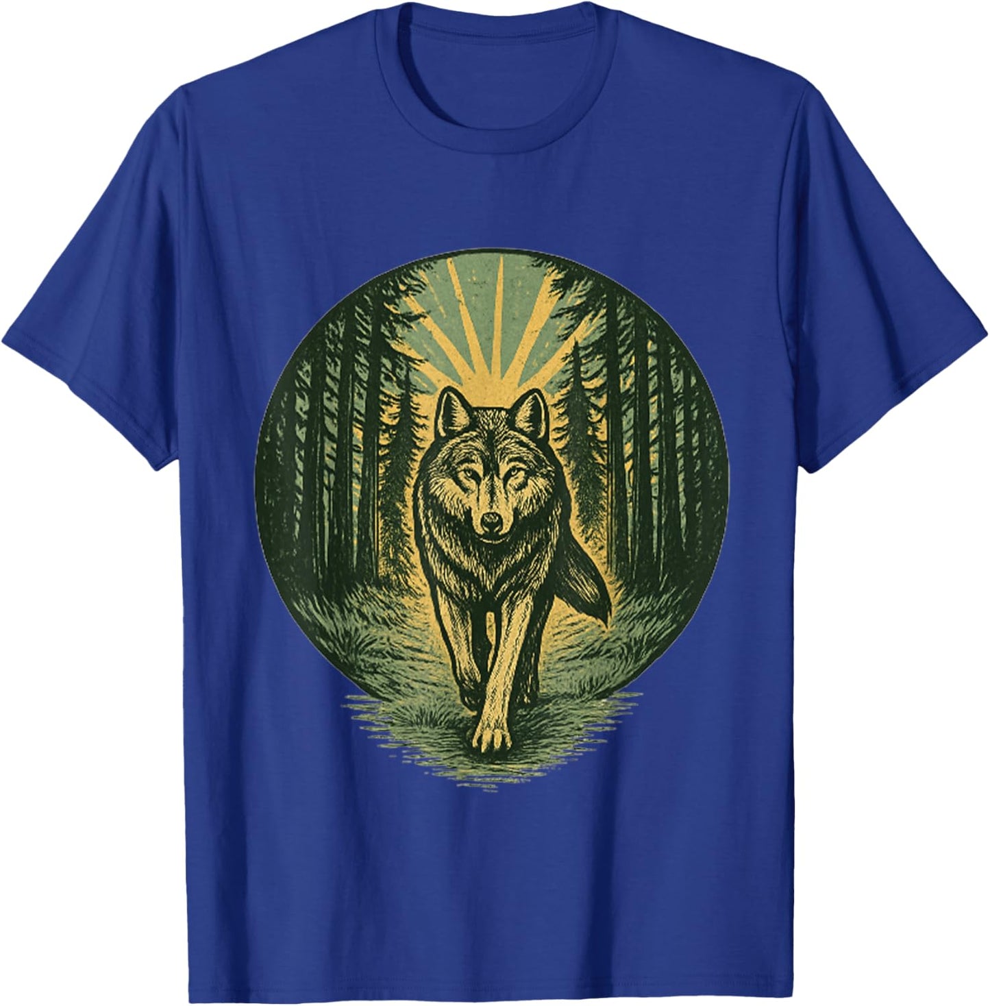 Strong Wolf Forest Path Vintage Woodcut Outdoor Nature Lover T-Shirt - T-Shirt | Royal